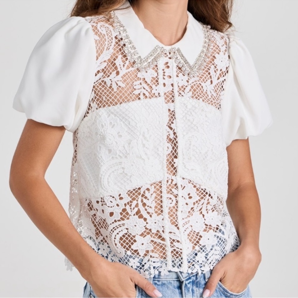 NWOT, Self Portrait White Lace Diamanté Collar Top